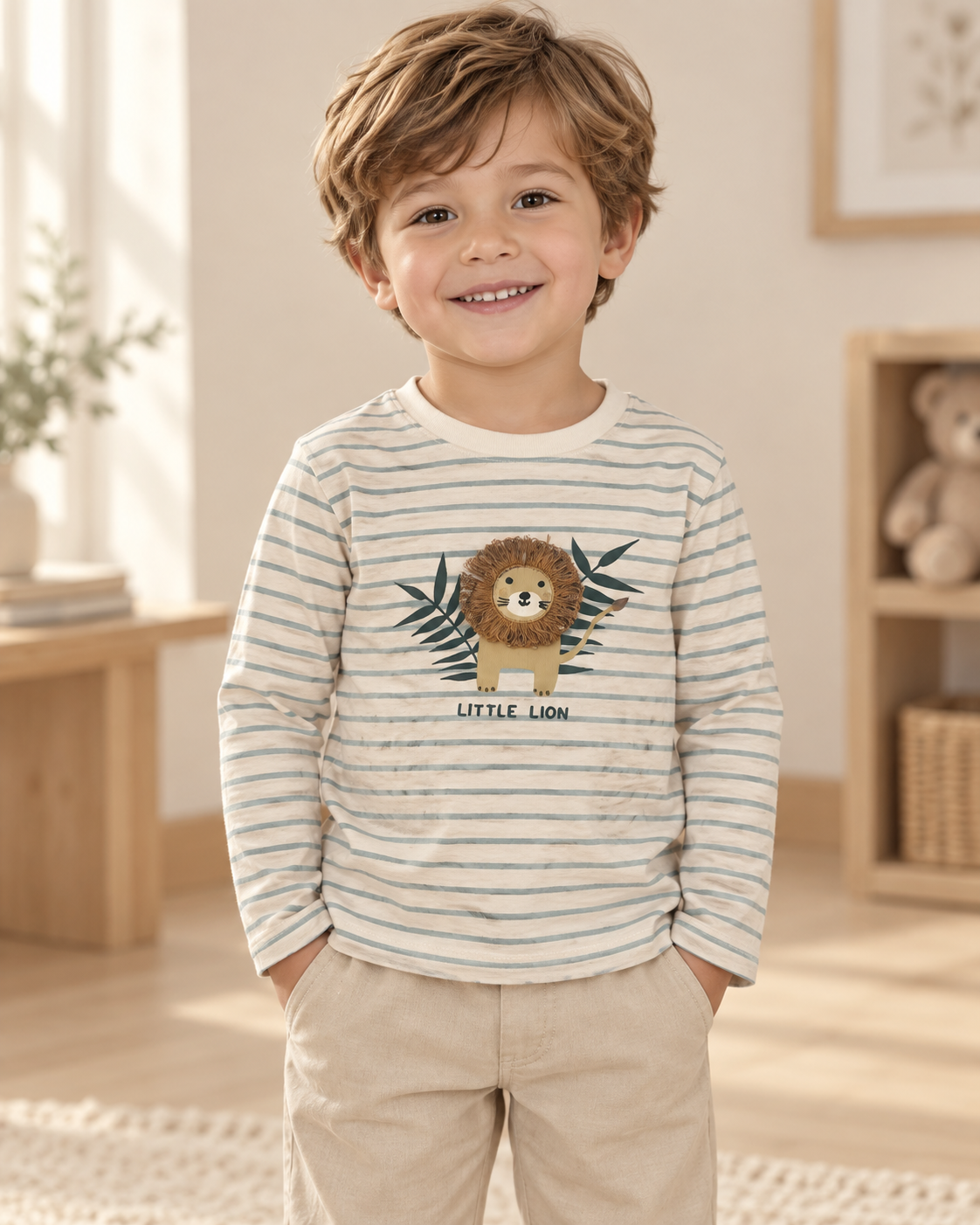 Camiseta de niño de rayas con león