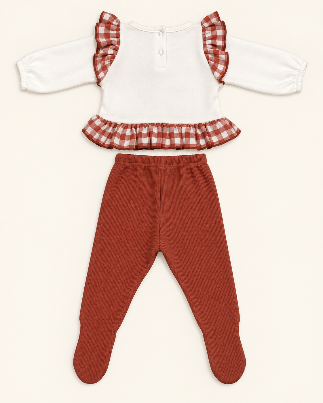 Conjunto de bebé con volante vichy y pantalón teja