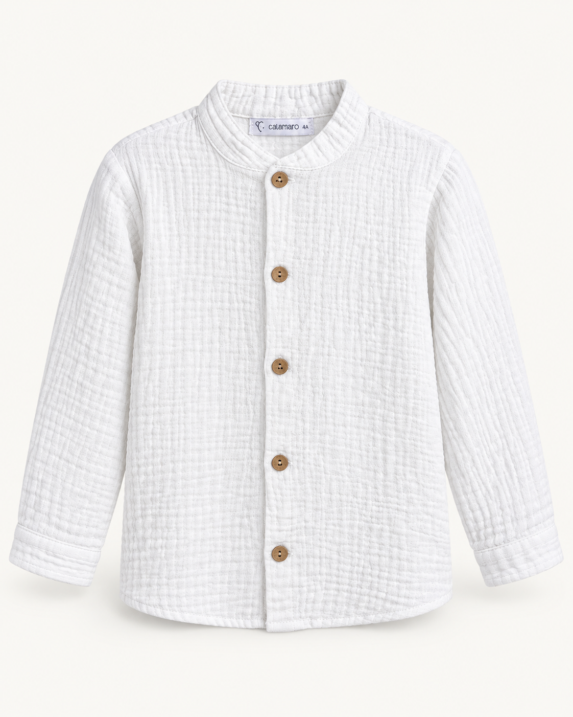 Camisa blanca Calamaro de manga larga con cuello mao y botones marrones · vista delantera