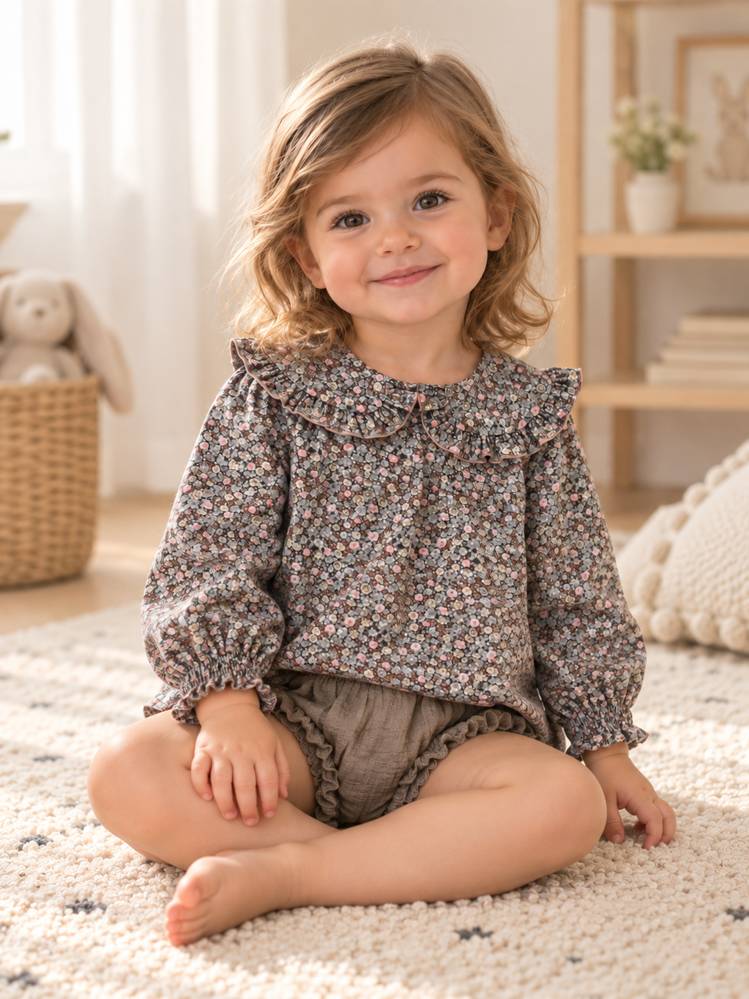 Blusa de niña con flores y cuello redondo