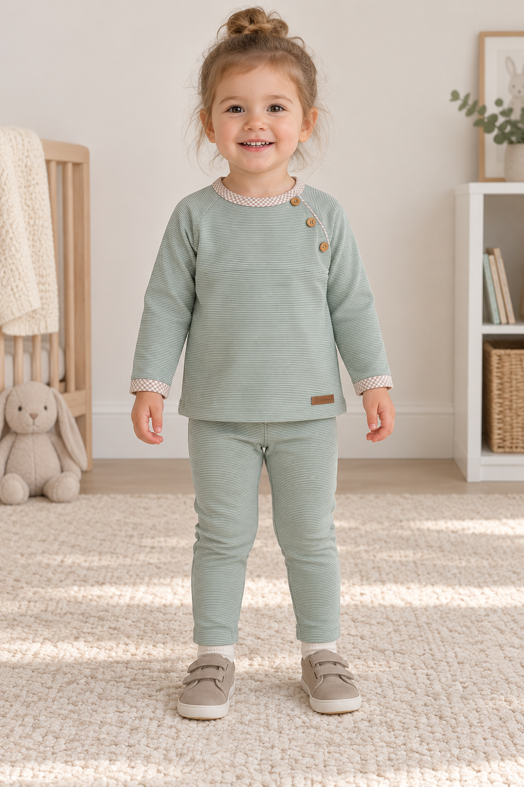 Conjunto de niña verde con cuello y puños claros