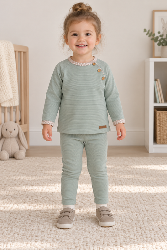 Conjunto de niña verde con cuello y puños claros