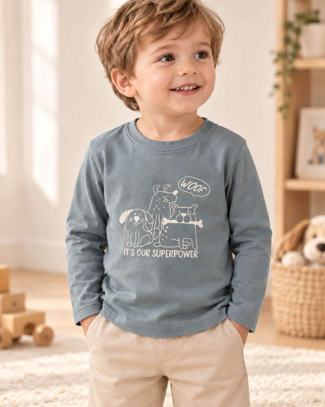 Camiseta azul de niño con perritos