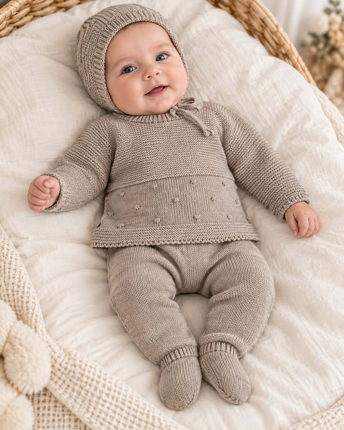 Conjunto de punto beige con capota 70600
