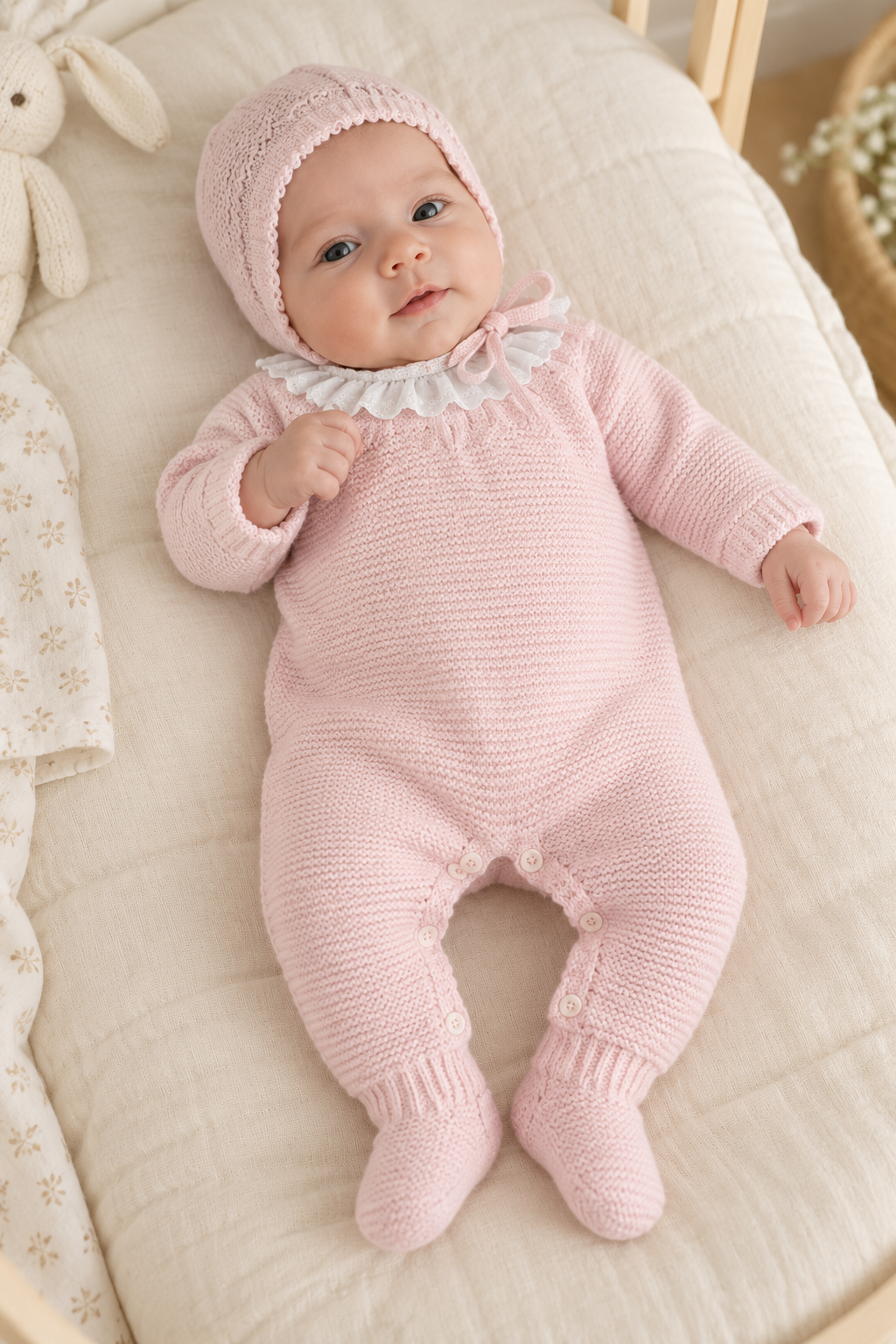Pelele de punto rosa bebé con capota 70110