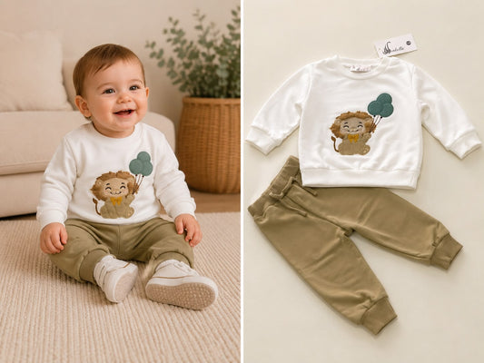 Chándal de bebé con león y pantalón verde