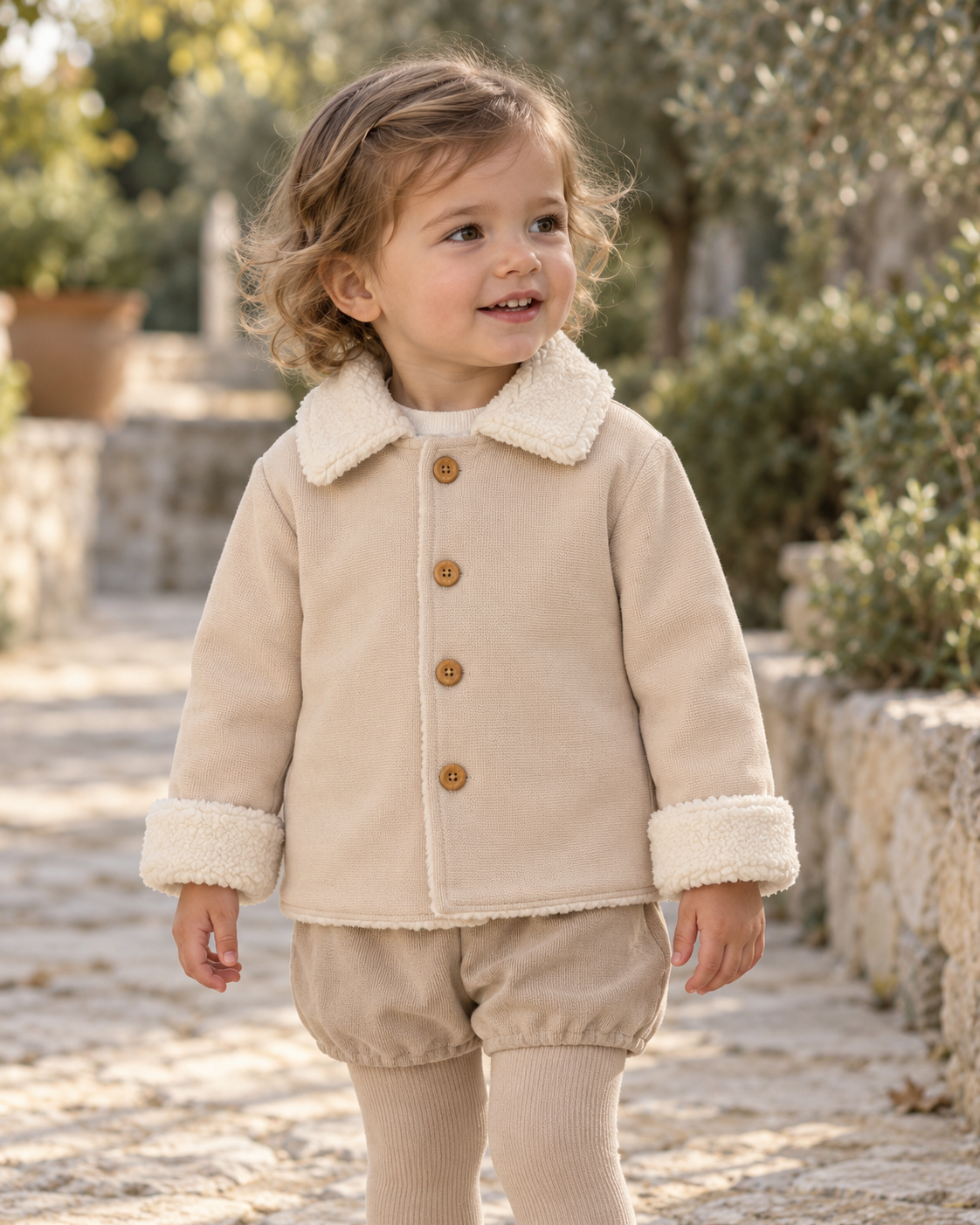 Chaqueta unisex beige con cuello de borreguito