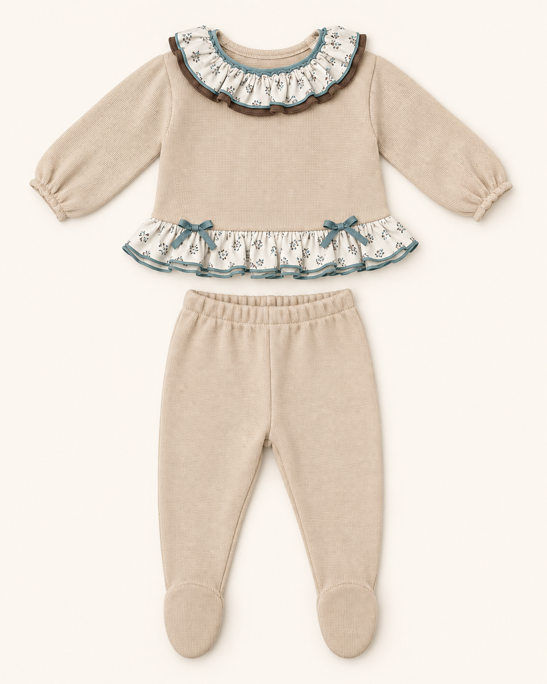 Conjunto de bebé beige con detalles florales azules