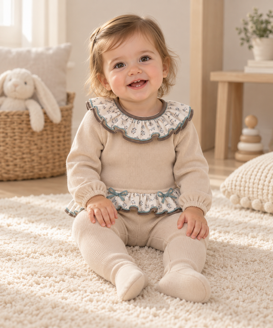 Conjunto de bebé beige con detalles florales azules