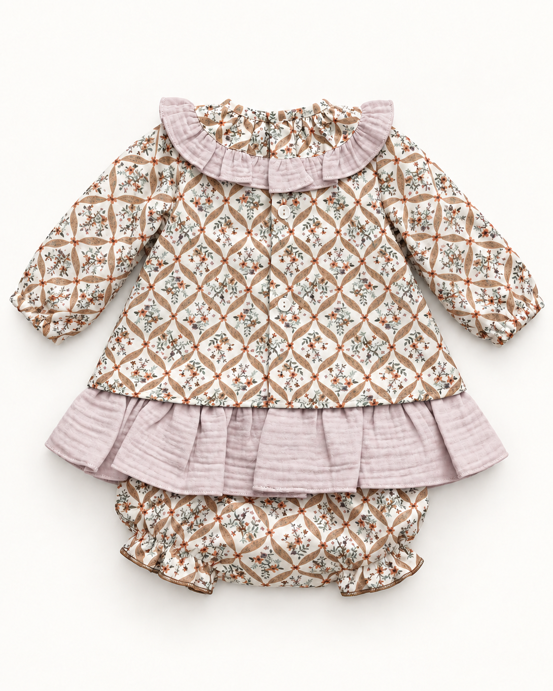 Conjunto de bebé estampado con volantes lila