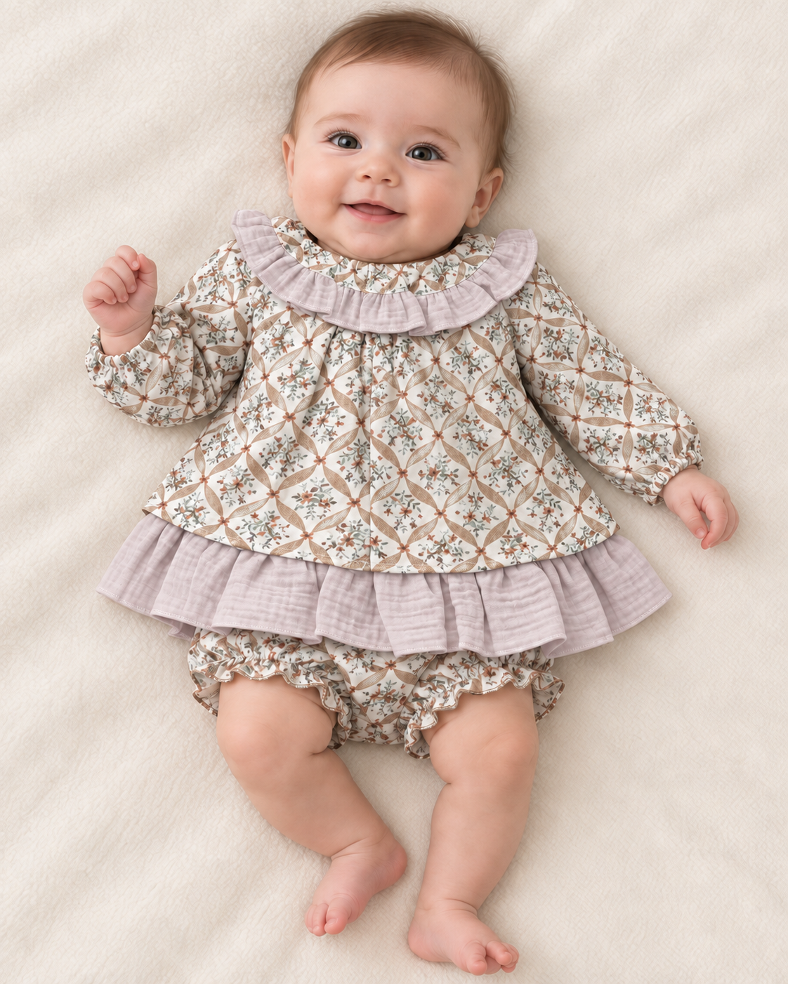 Conjunto de bebé estampado con volantes lila