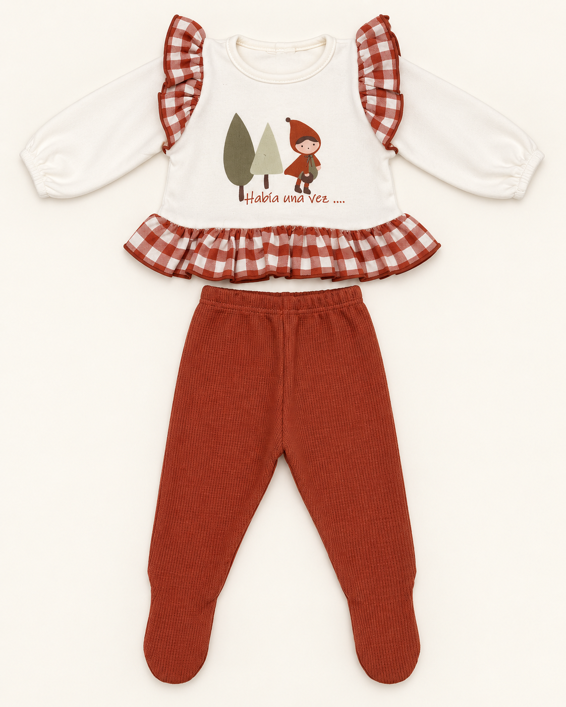 Conjunto de bebé con volante vichy y pantalón teja