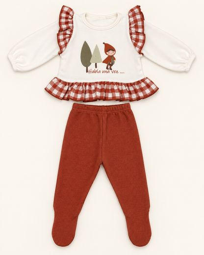 Conjunto de bebé con volante vichy y pantalón teja