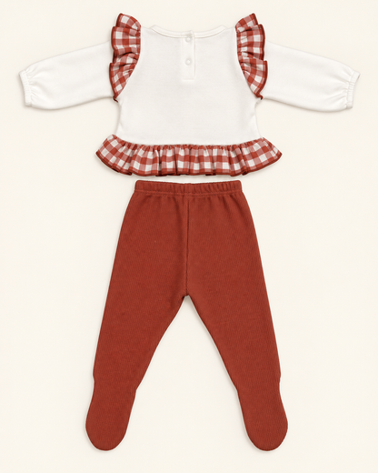 Conjunto de bebé con volante vichy y pantalón teja