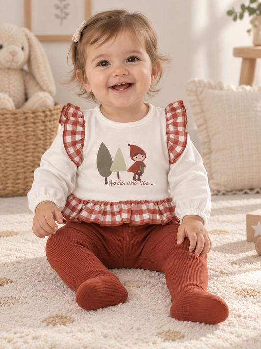 Conjunto de bebé con volante vichy y pantalón teja