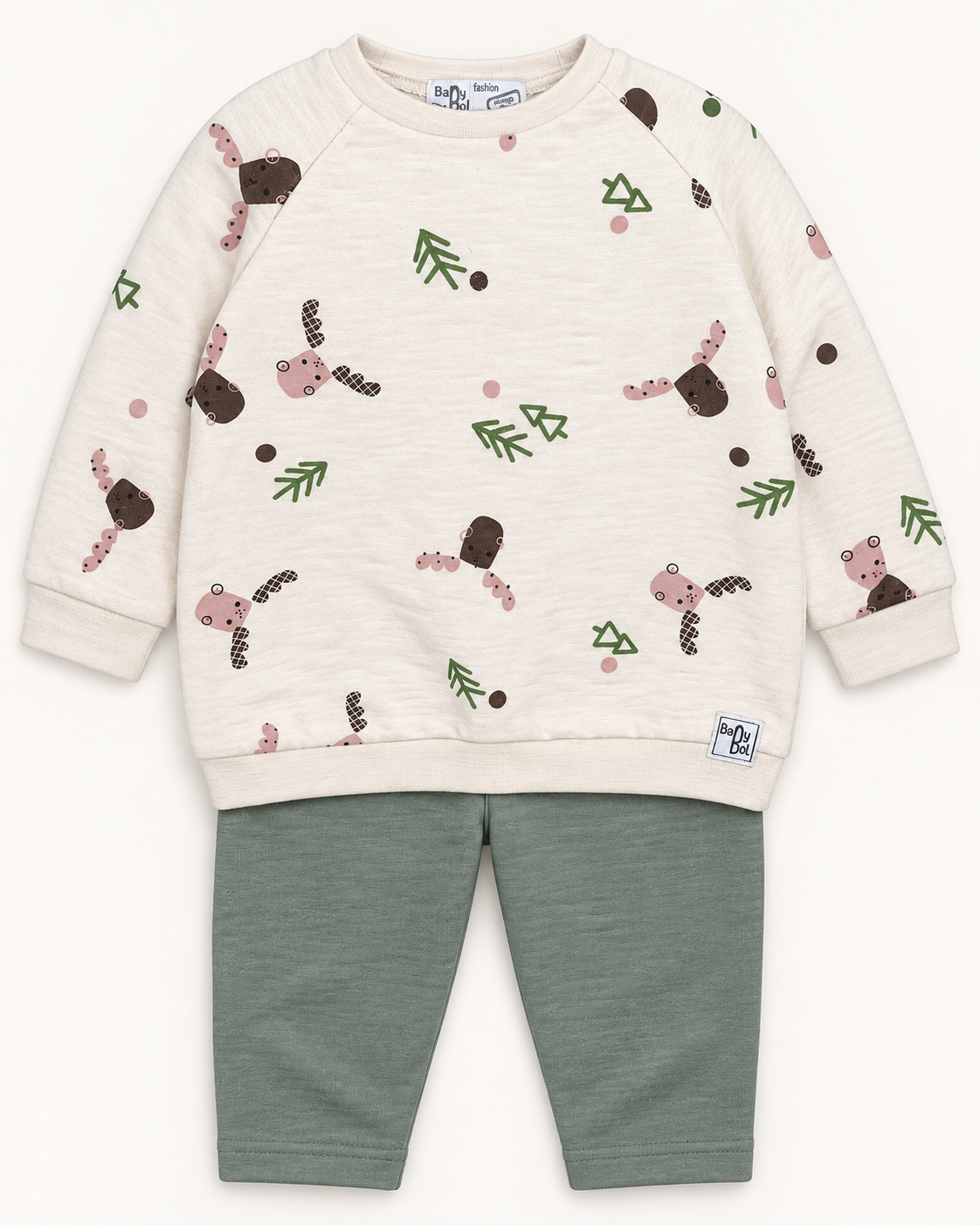 Conjunto Babybol de alces y árboles con pantalón verde · vista delantera