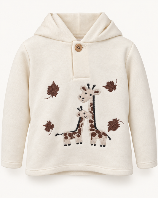 Sudadera cruda con capucha, dos jirafas bordadas y hojas marrones · vista delantera