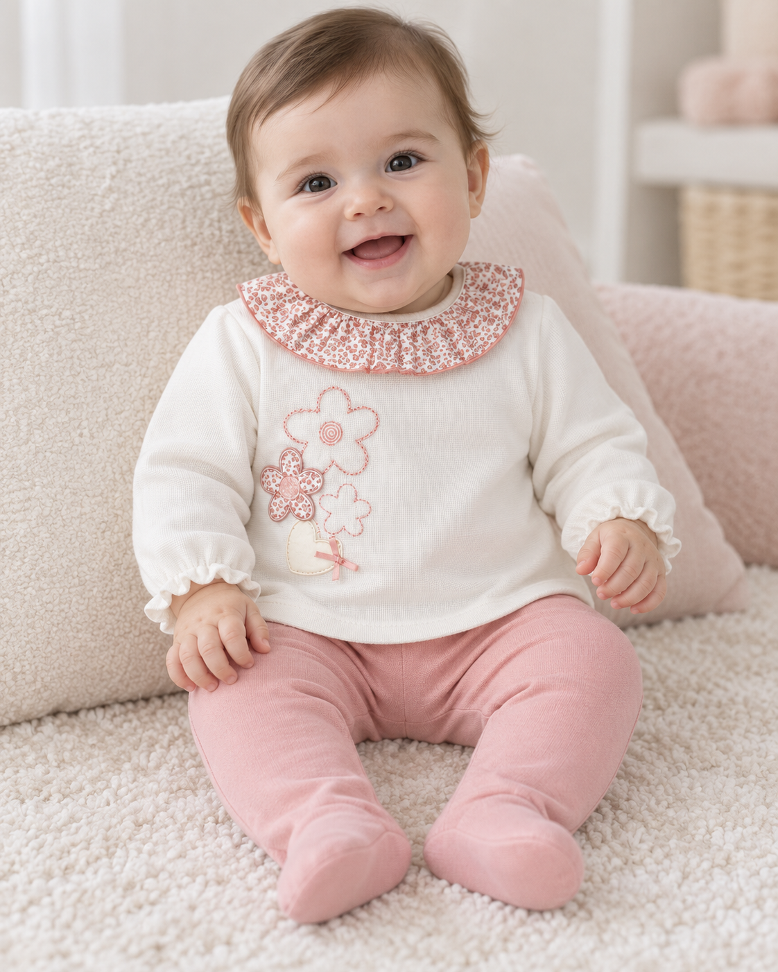 Conjunto de bebé con cuello de flores rosa