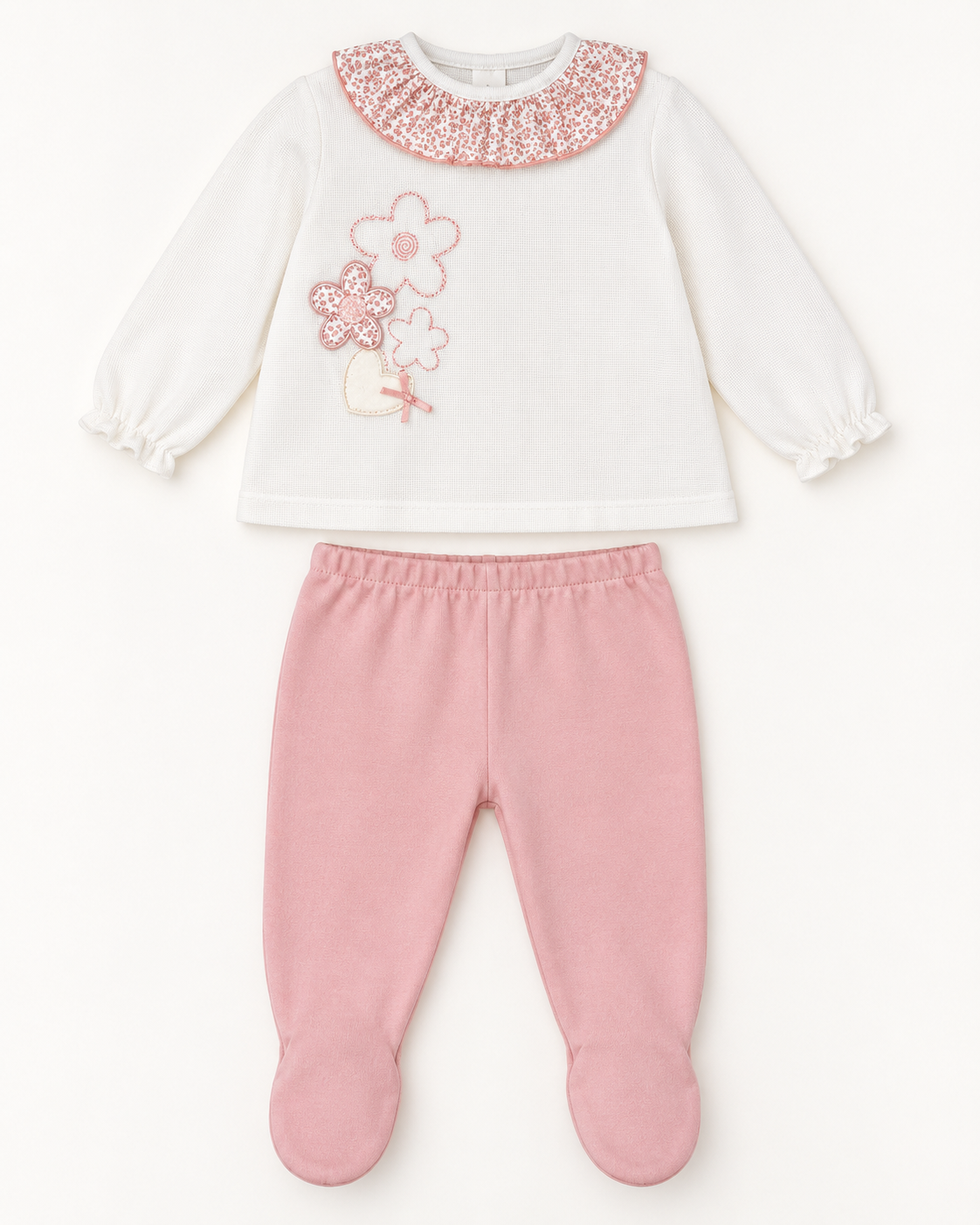Conjunto de bebé con cuello de flores rosa